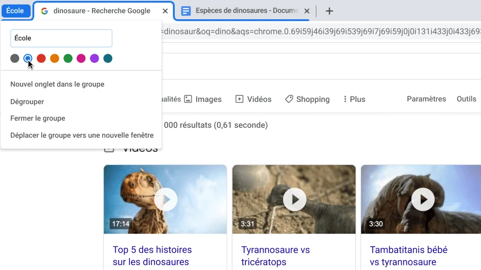 Fenêtre du navigateur Chrome avec une boîte de dialogue montrant l'attribution d'un nom à un groupe d'onglets